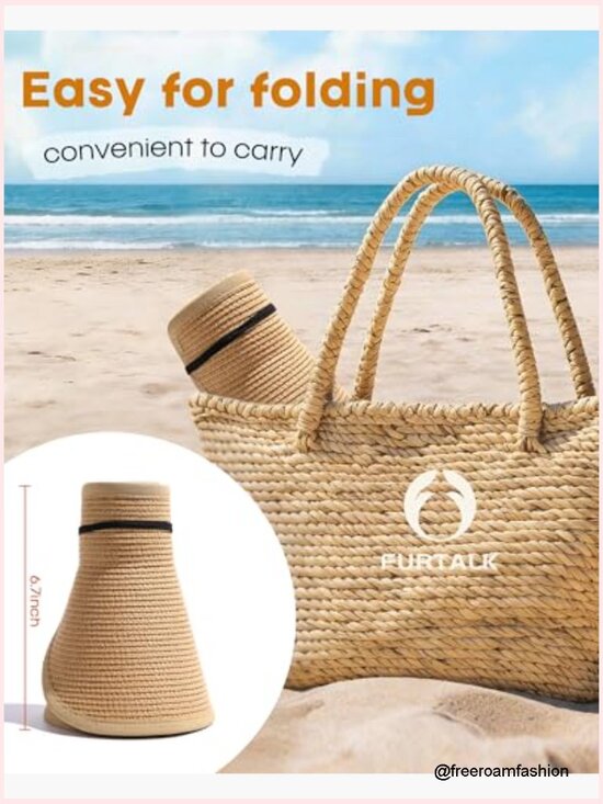 Straw Sun Visor Hat UPF 80+ Wide Brim Ponytail Foldable Beach Hat main image 6